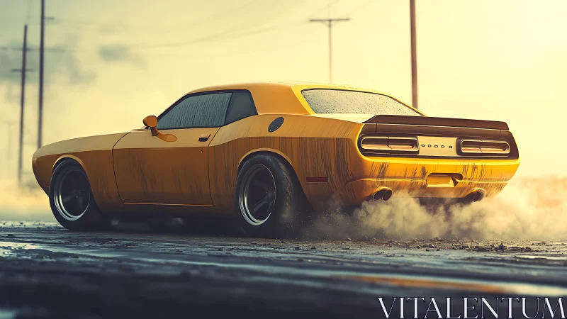 Yellow muscle car on wet rural road in low golden light.