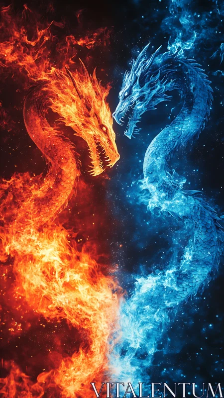 Fire and ice dragon duel in vivid elemental contrast.