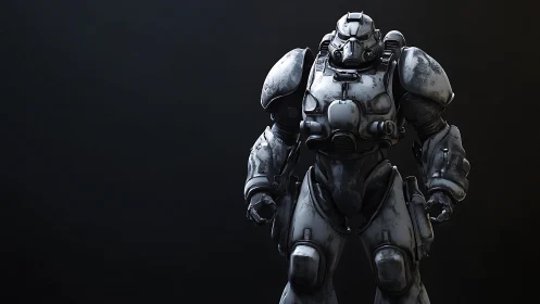 Heavily weathered exosuit mech rendered in high contrast PBR lighting