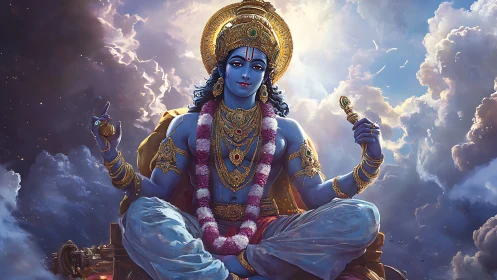 Serene blue deity resting in golden light above soft clouds.