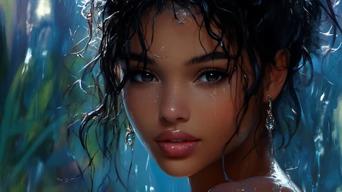 Wet-haired portrait renders luminous skin with hyperreal detail