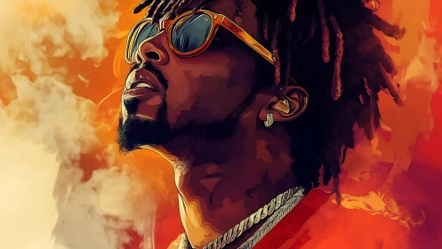 Digital portrait of man in sunglasses against orange smoke.