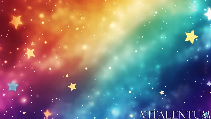 Multicolored gradient sky with scattered stylized stars.