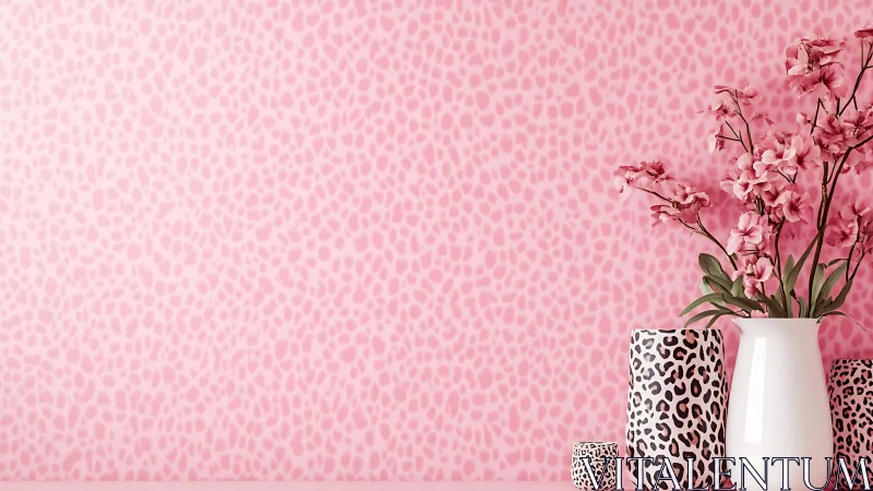 Pink floral vignette with leopard ceramics and soft light.