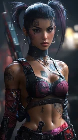 Cyberpunk sexy female fighter rendered in detailed 3D scene