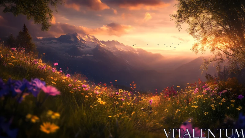 Sunlit alpine meadow overlooks distant snow covered mountains.