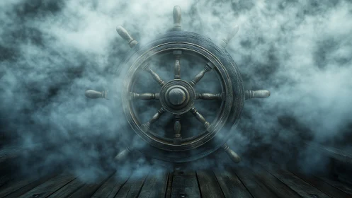 Ship’s wooden wheel partially obscured by dense surrounding fog.