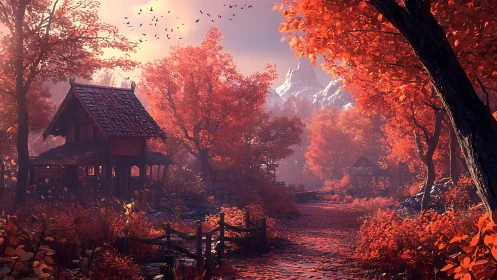 Digital painting of autumn forest village with path perspective.