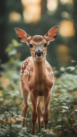 Young spotted fawn in shallow-depth woodland portrait.