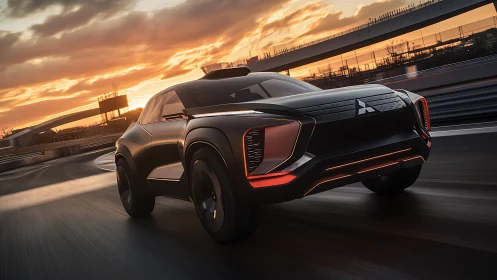 Aerodynamic electric crossover on banked track at sunset in motion