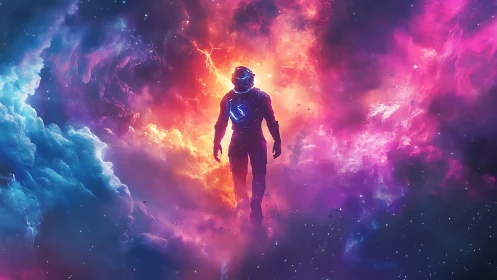 Solitary astronaut silhouette floats within luminous nebula