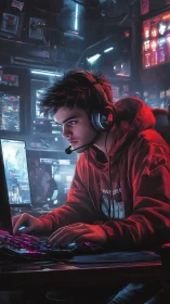 Gaming workstation with focused player and neon lighting.