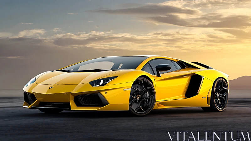 Photorealistic low-angle render of yellow supercar at dusk.