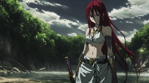 Warrior woman with katana by river under stormy sky.