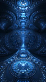 Radial blue fractal corridor recedes toward a central vanishing point