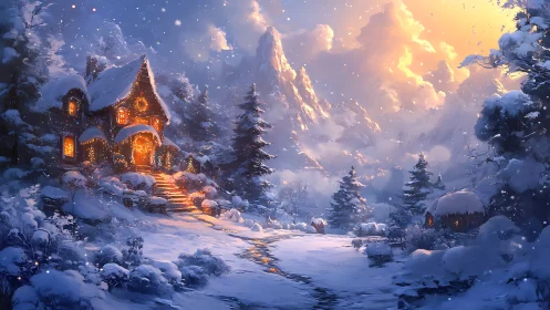 Snowy cottage glows warmly beneath magical winter mountains