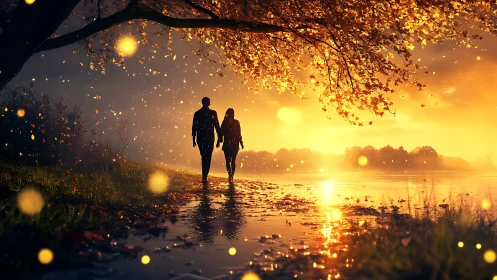 Two Figures Walk Toward Golden Sunset Over Water