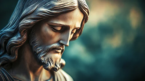 Serene bronze Christ statue gazes downward in quiet prayer