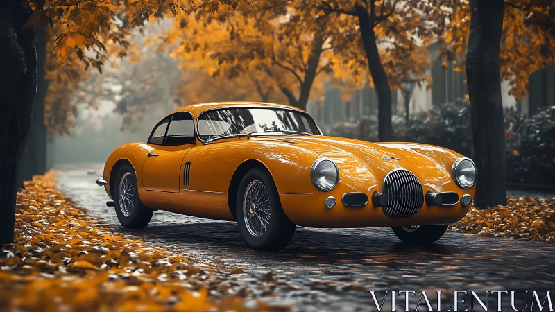 Vintage orange coupe on cobblestone road in autumn park.
