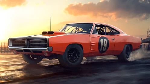 Vintage orange muscle car drifting on wet asphalt track.