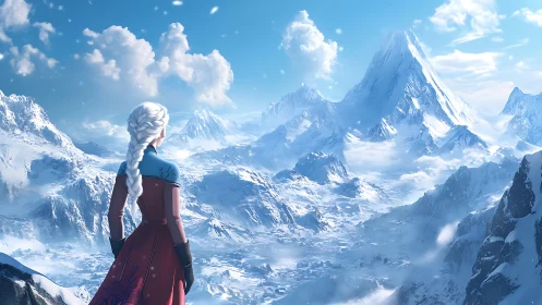 Snowbound heroine gazes toward crystalline mountain kingdom.