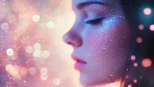 Side profile with glittered skin and soft bokeh lights.