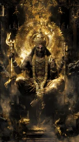 Golden divine figure seated with weapons in radiant halo