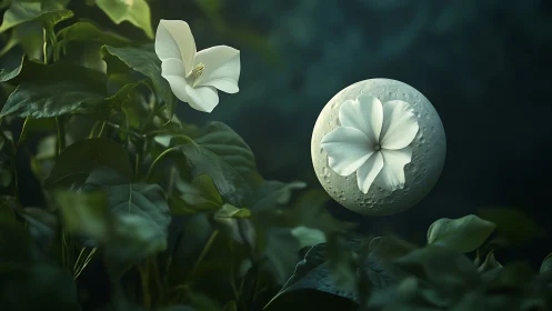 Lunar-textured sphere juxtaposes with white woodland flora in orbit