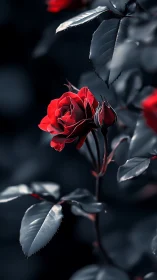 Red Rose with Silvered Foliage in Dramatic Dark Studio Lighting