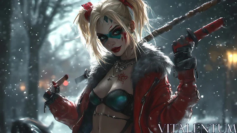 Woman in red jacket with bat in snowy urban night scene.