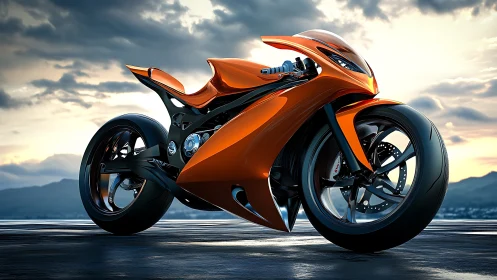 Orange concept sport motorcycle on wet surface at sunset.