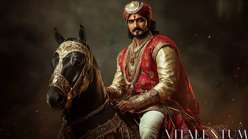 Royal rider in ornate red attire on black horse. Period.