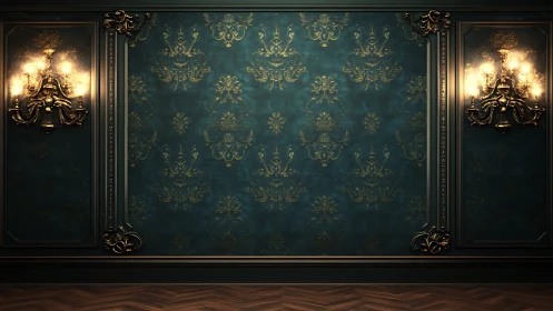 Luxurious teal wall with ornate gold sconces and molding.