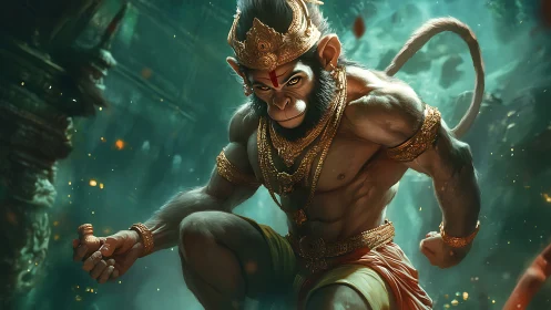 Mythic monkey warrior lunges through molten emerald gloom