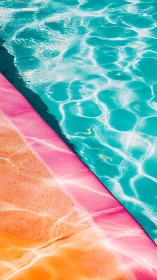 Swimming pool edge with colored border and water surface.