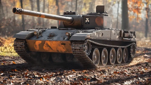 Heavy battle tank advancing through autumn forest trail.
