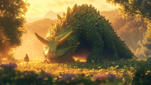 Sunlit forest giant and tiny wanderer share a gentle truce.