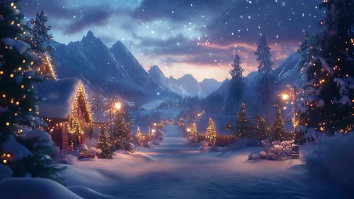 Snowy mountain village glows softly under festive winter stars