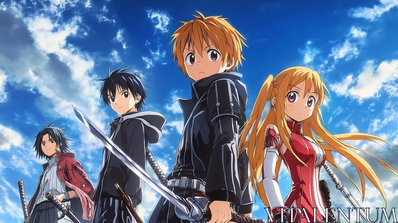 Four anime swordsmen stand ready under bright blue sky.