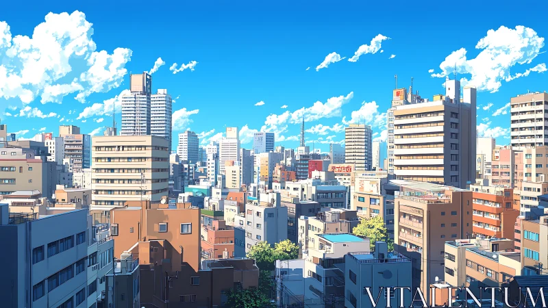 Sunlit midrise skyline over dense urban residential blocks.