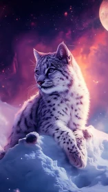 Starlit snow leopard resting beneath cosmic aurora glow.