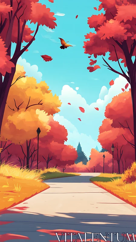 Autumn park path rendered with saturated foliage gradients and depth