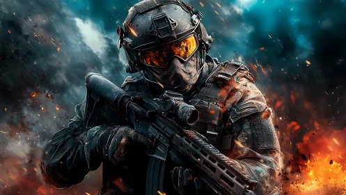 Armored soldier with rifle framed by explosive chromatic clouds