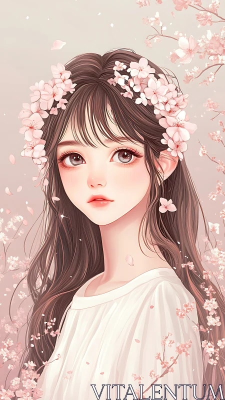 Gentle cherry blossom girl gazes softly through drifting petals