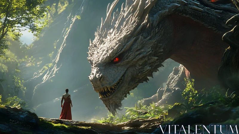 Forest truce between crimson-robed wanderer and elder dragon.