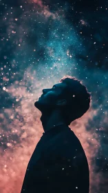 Silhouetted human profile against nebular particulate cosmos field.