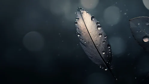 Gentle feather with raindrops glowing in soft moody light.
