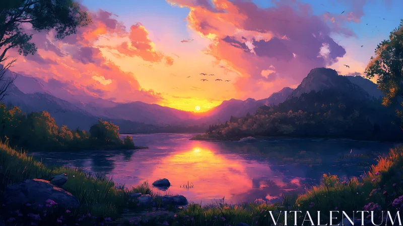 Sunset paints mountains and river in glowing, mirrored color