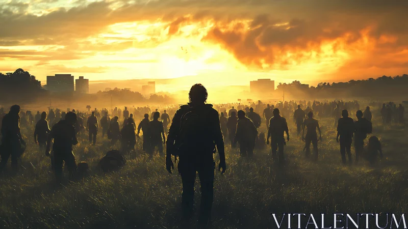 Cinematic digital painting of survivors amid sunset horde.