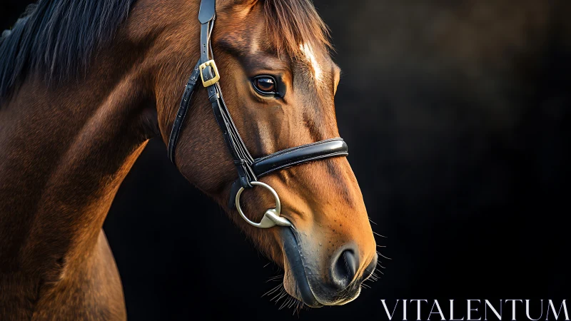 Horse head close-up shows bridle detail and fine coat texture
